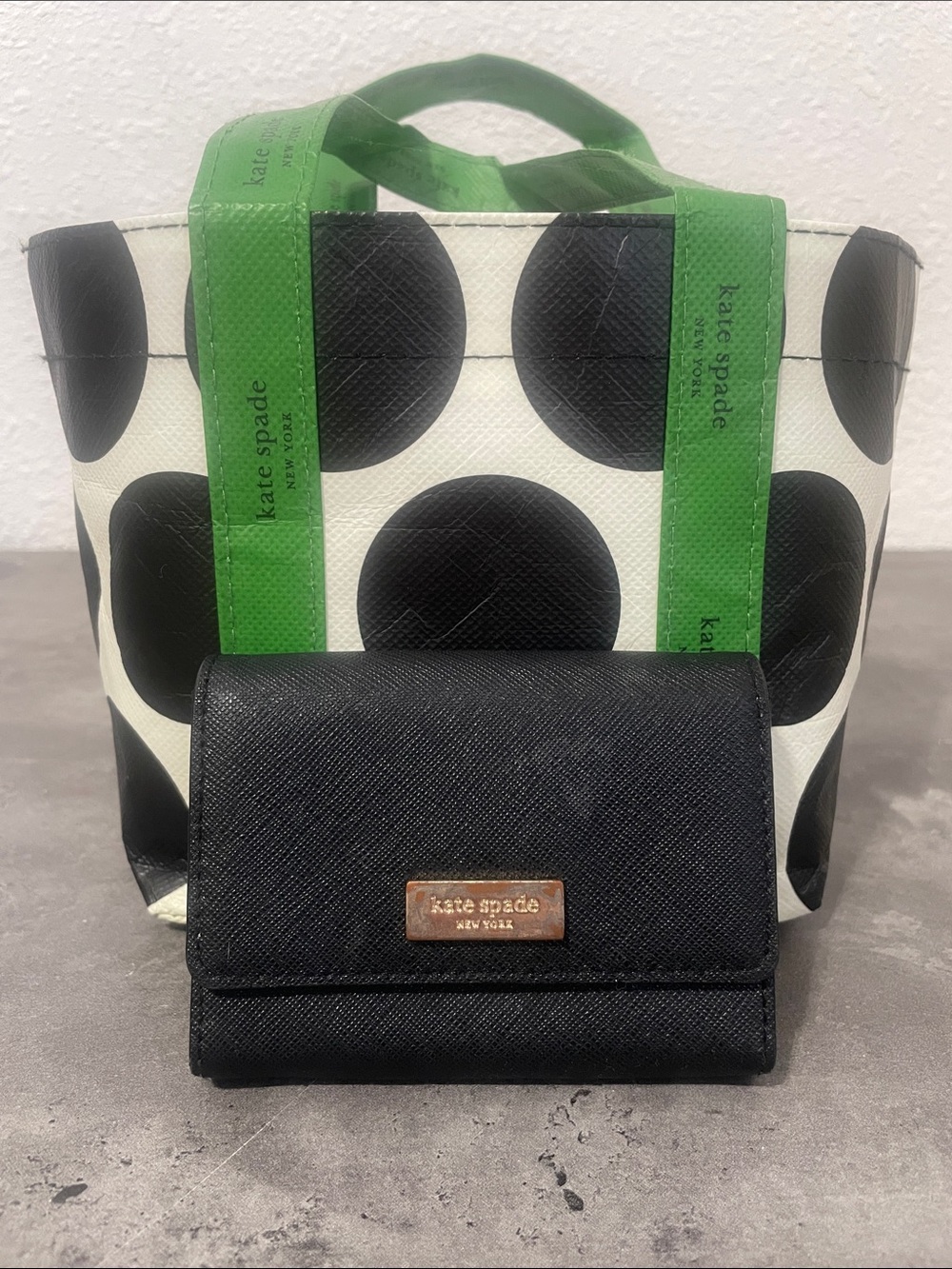 Kate Spade Midnight Black Card Holder w/ Mini Polka Dot Tote